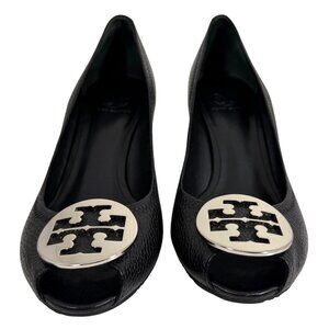 TORY BURCH Sally Black Leather Peep Toes Wedge Stacked Heels EUC Womens Size 9.5